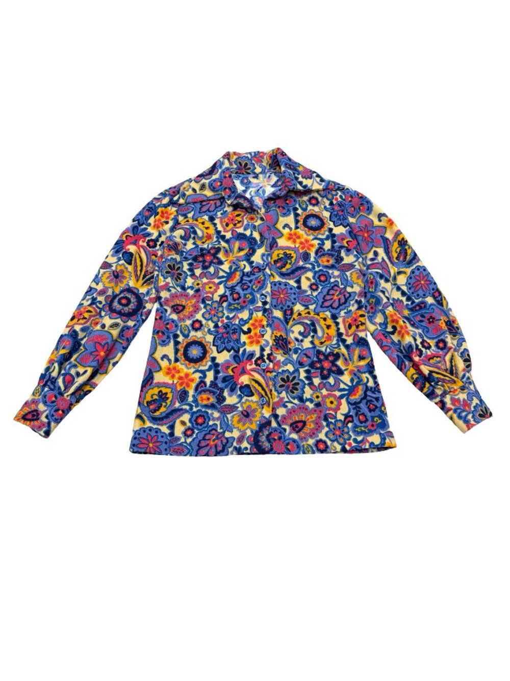 Vintage 1970s Floral Psychedelic Button Up Shirt Blue Pink Yellow Wool